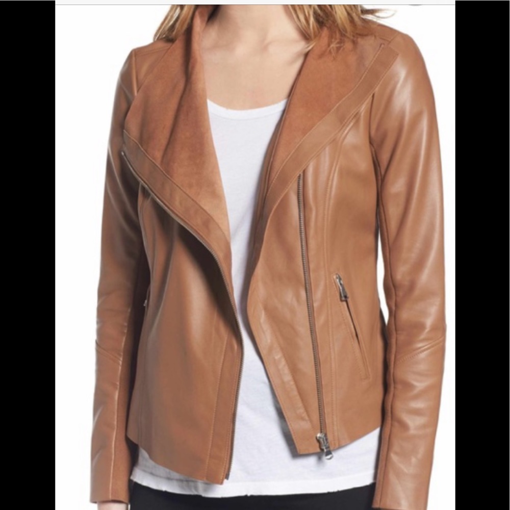 Trouve 100% Leather Drape Jacket Camel Brown